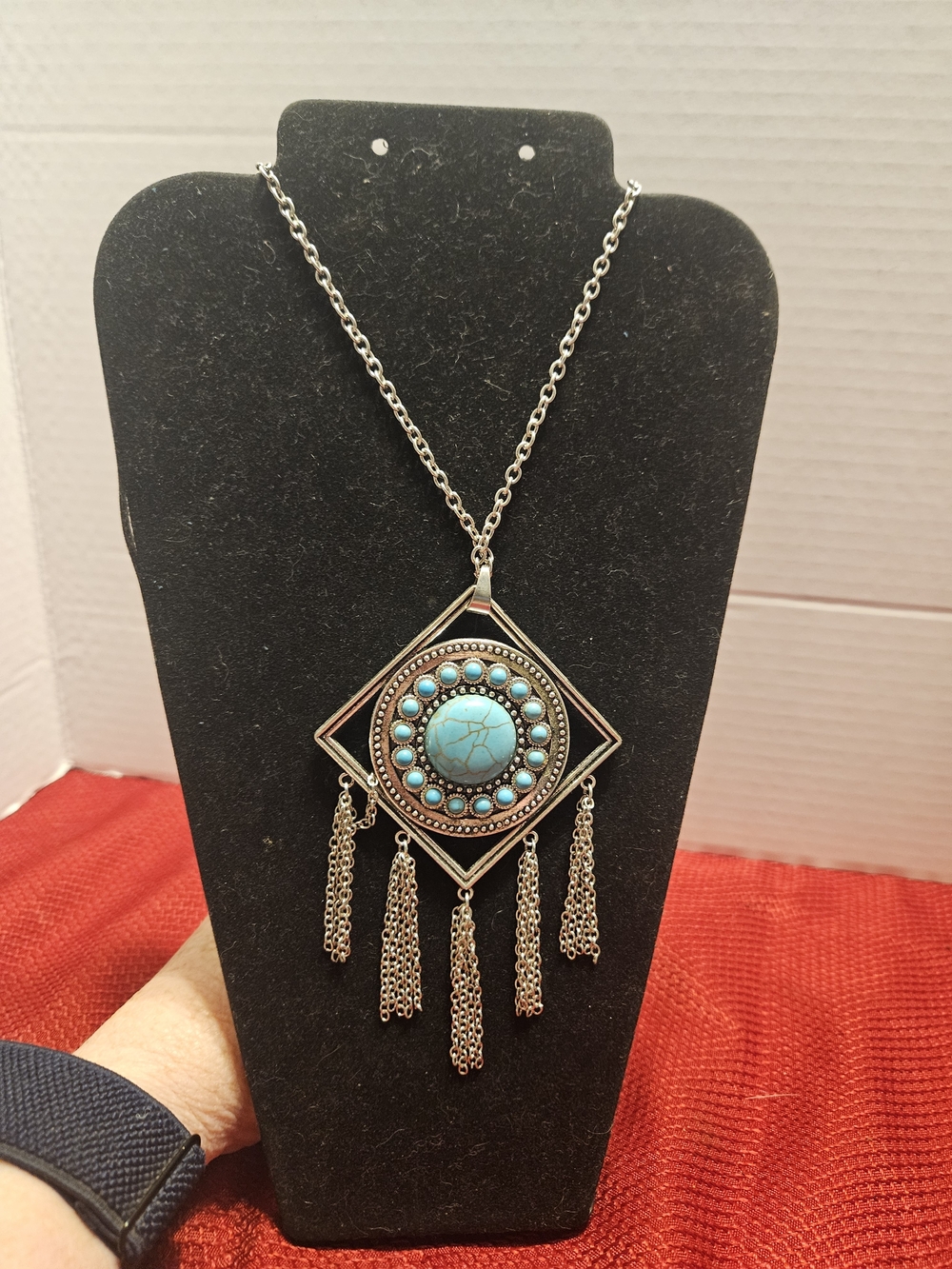Silver-Tone Turquoise Medallion Fringe Necklace